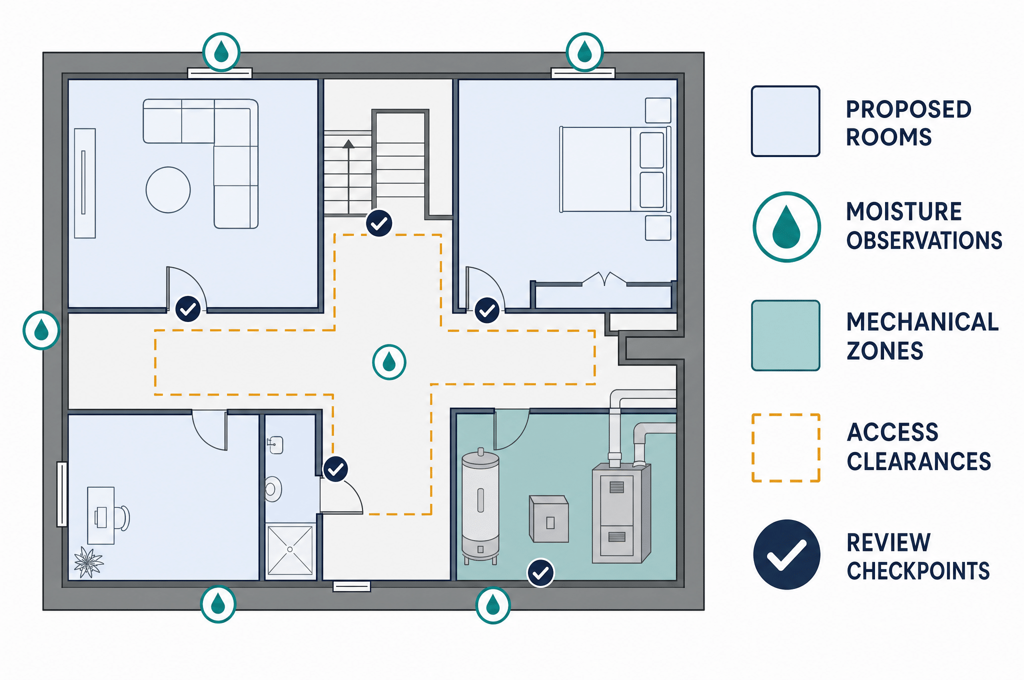 Basement finishing planning for moisture mechanical access and layout