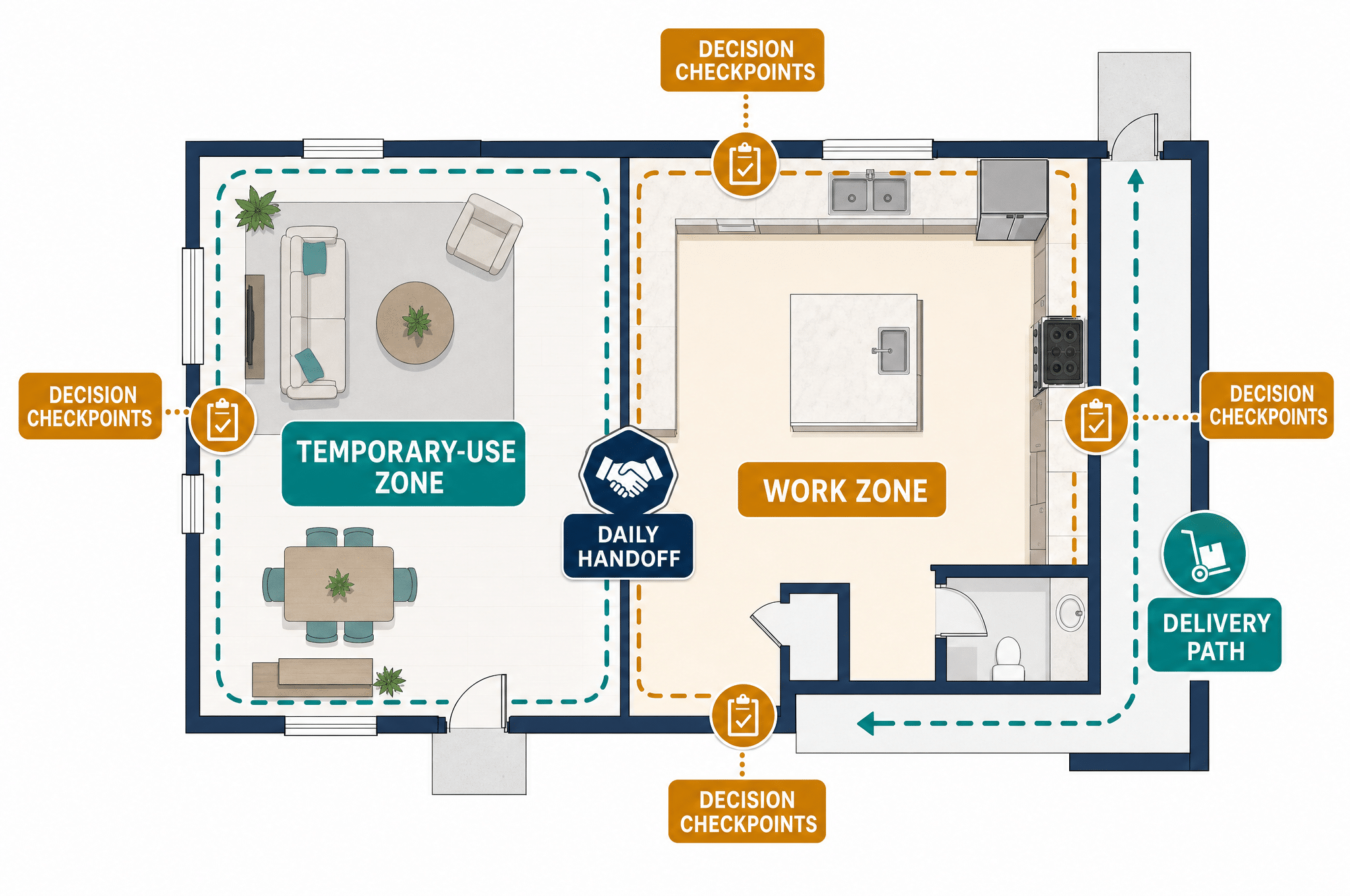 Temporary-use and access checklist for living through a kitchen remodel